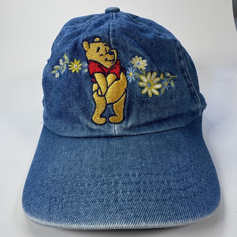 Vintage 90s Disney Winnie the Pooh Denim Embroidered Hat Floral Daisy Elastic OS
